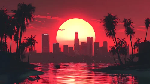 Tropical Sunset Cityscape Painting