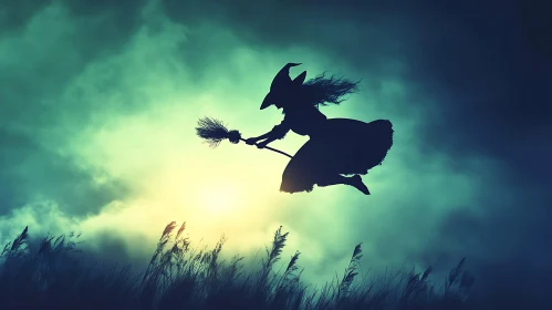 Silhouette of Witch Flying on Broom