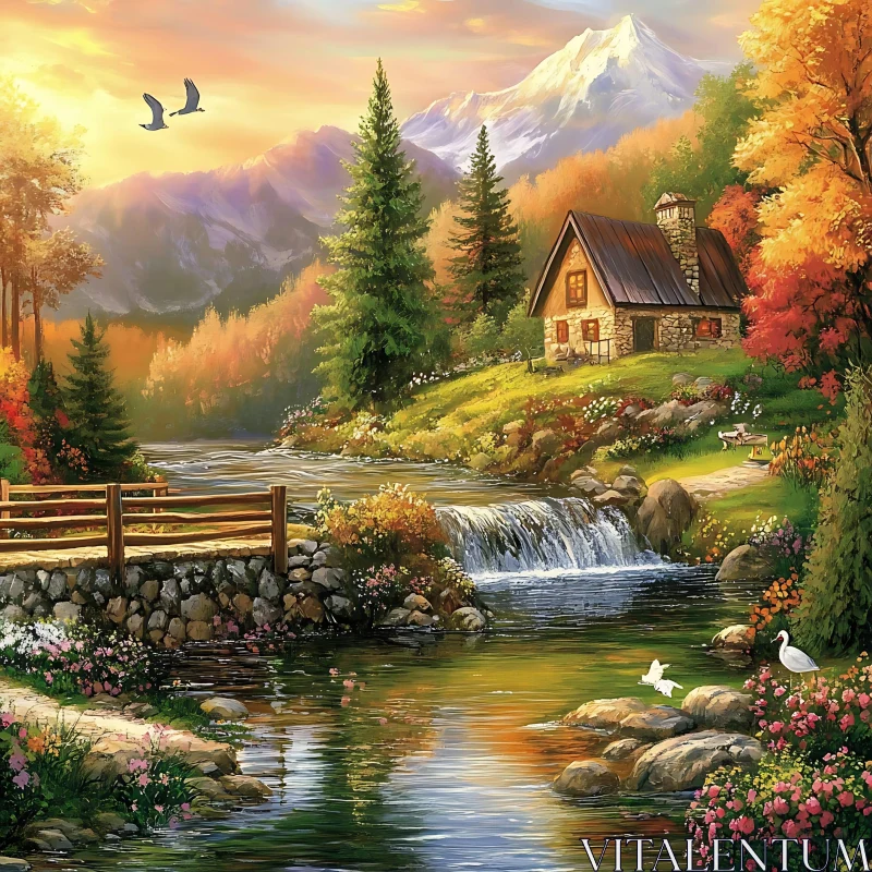 AI ART Autumn Mountain Retreat with Cabin and Stream