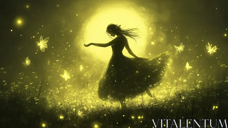 Glowing Woman in Field with Butterflies