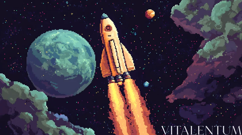 Retro Rocket in Pixelated Space