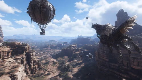 Dragon and Air Balloon in Fantasy World
