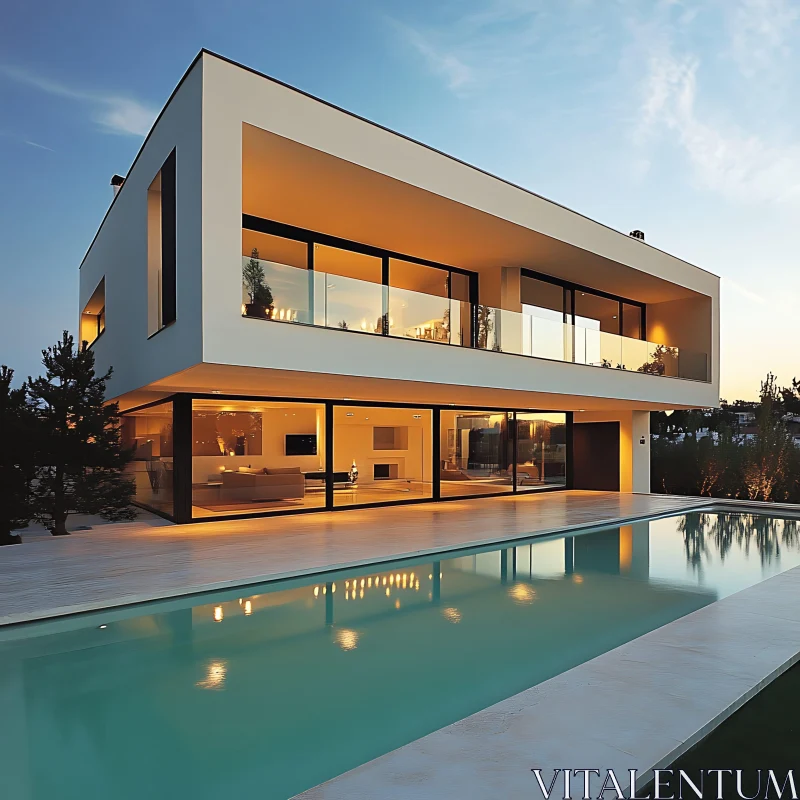 Contemporary Home with Glass Facade and Outdoor Pool at Dusk