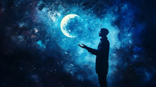 Celestial Dreamscape with Figure and Moon