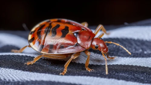 Close-up of Red and Black Bug on Striped Cotton Cloth