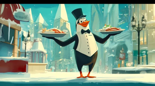 Cartoon Penguin Serving Food