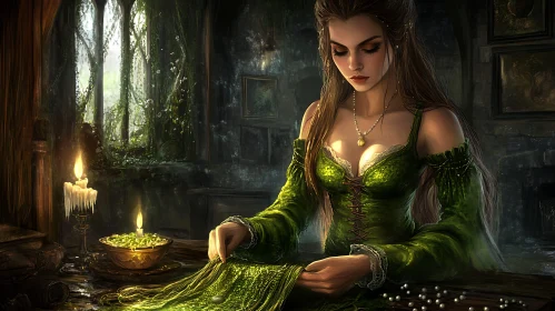 Serene Seamstress by Candlelight