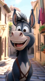 Smiling Cartoon Donkey in Quaint Alleyway