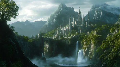 Castle, Mountains, and Waterfalls Landscape