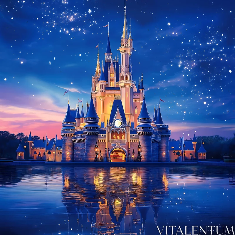 Magical Castle at Night with Water Reflection