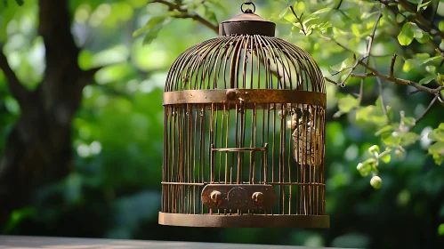 Vintage Birdcage among Green Leaves