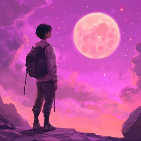 Lone Figure Under Pink Moon