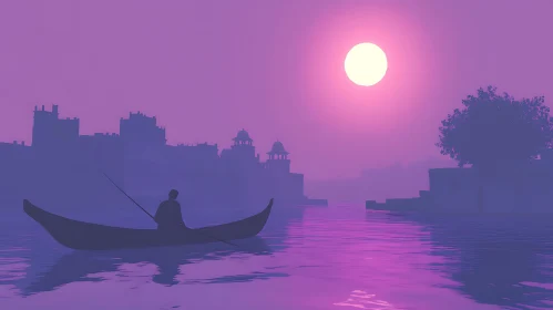 Moonlit Rowboat on Purple Waters
