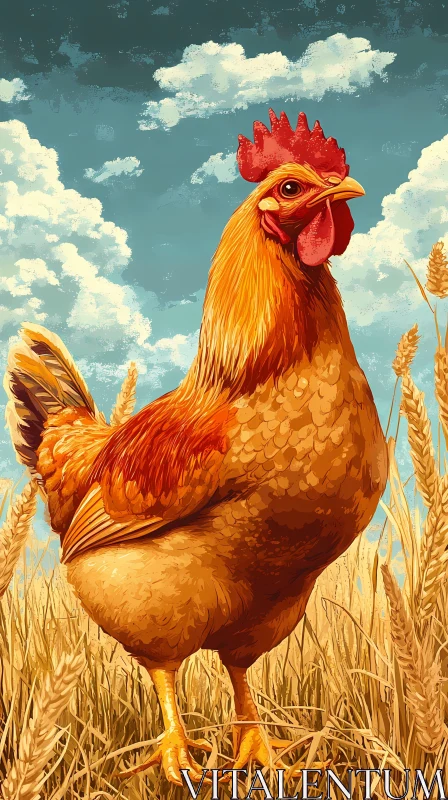 Regal Rooster Among Wheat