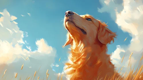 Dog Gazing Upward in Field