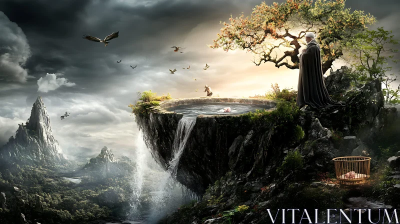 Serene Cliffside Waterfall Scene with Figure