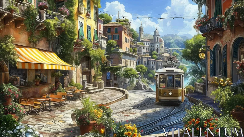 Italian Cityscape Painting with Tram and Flowers AI Image