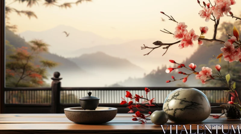 Serene Asian Table Decor with Mountainous Vistas AI Image
