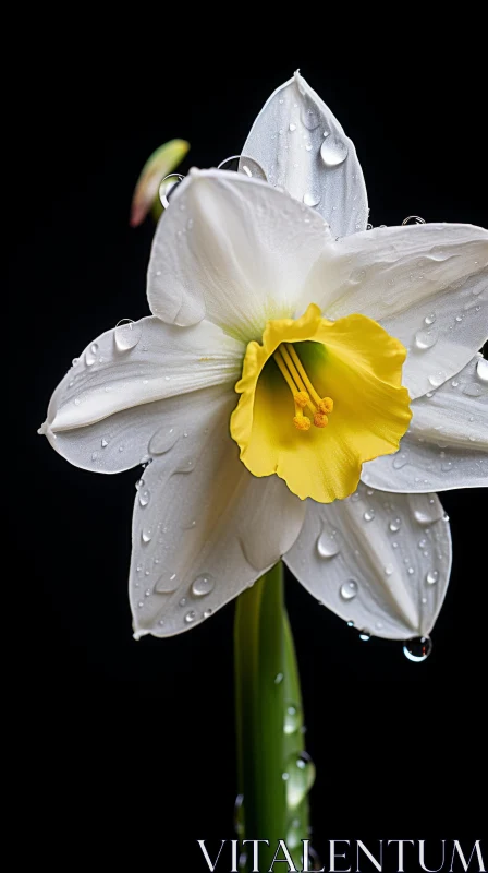 White and Yellow Daffodil with Water Droplets - Monochrome Artistry AI Image