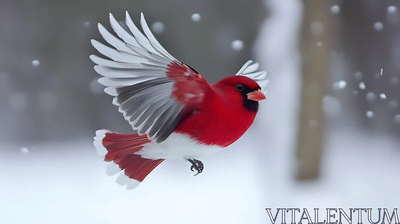 Red Bird Flying in Snow AI Image