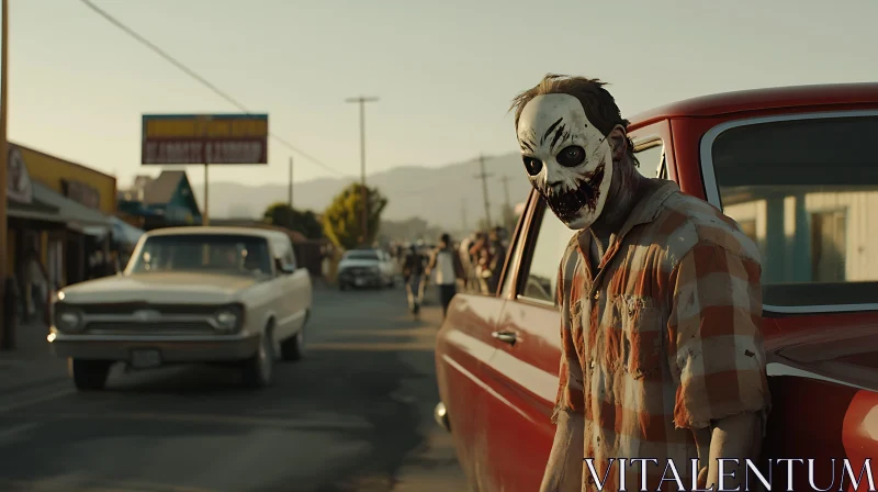 Zombie Masked Man Near Red Car AI Image