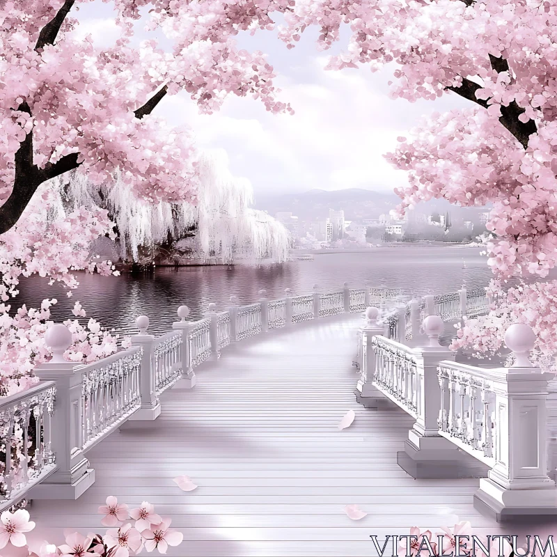 Serene Cherry Blossom Lake Scene AI Image