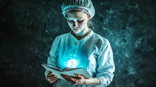 Woman Reading a Glowing Book