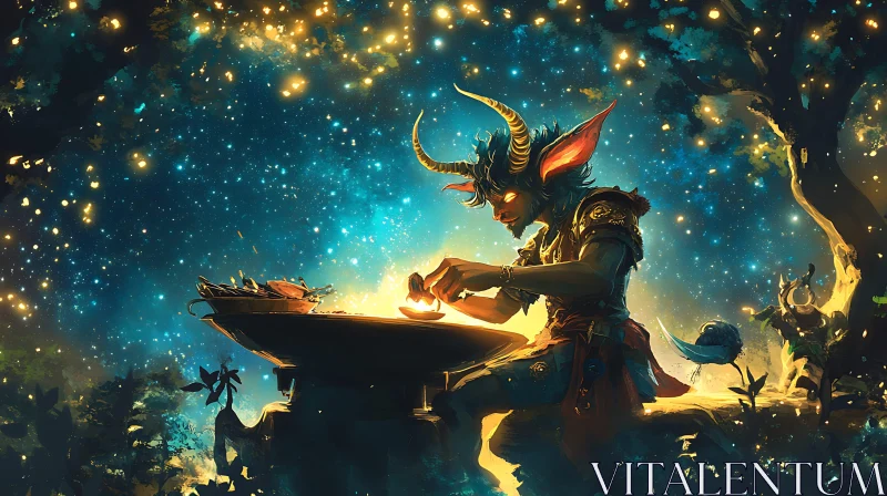 Mystical Night Scene with Horned Character AI Image