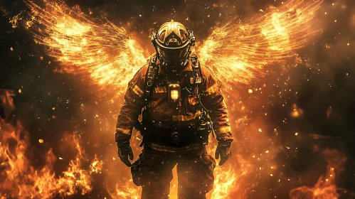 Fiery Guardian: Firefighter with Flaming Wings