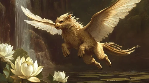 Majestic Griffin in Flight Near Water Lilies