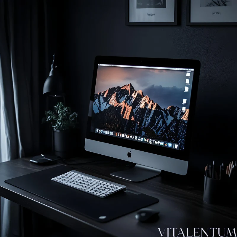 Sleek Home Office Desk with iMac and Mountain Landscape AI Image