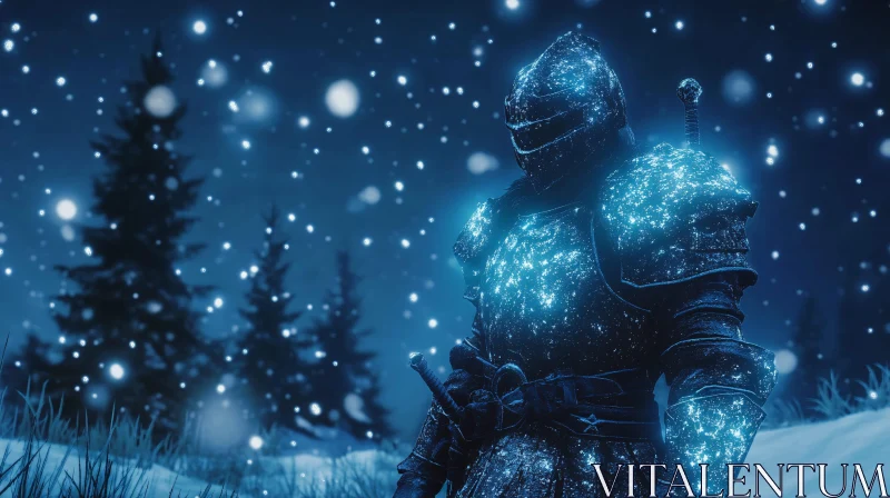 AI ART Blue Knight in Snowy Forest