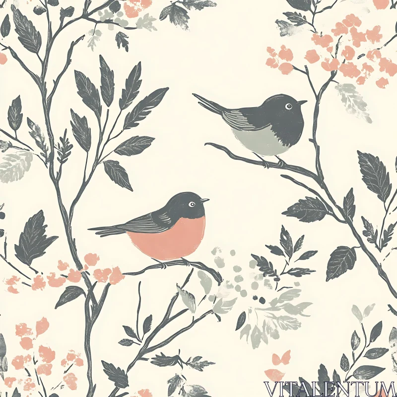 Birds on Branches Illustration AI Image