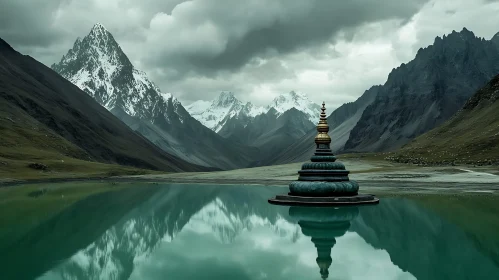 Serene Mountain Lake and Stupa Landscape