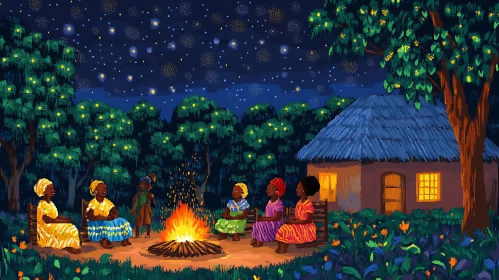 Women by the Fire Under Starry Night