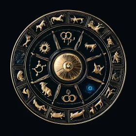 Celestial Zodiac Wheel with Golden Emblems