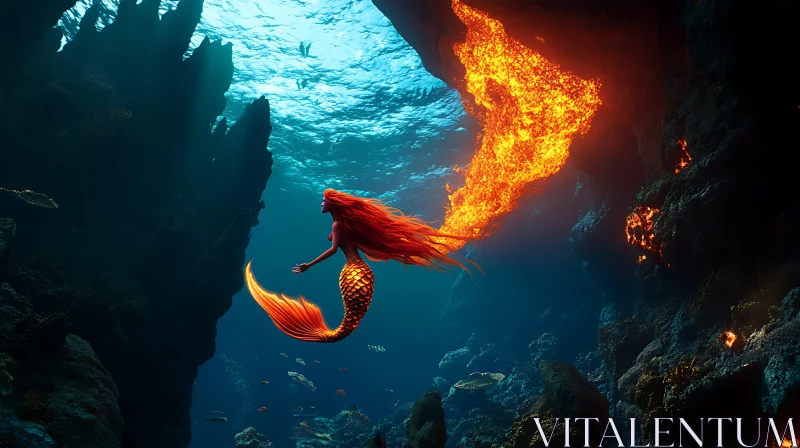 Mystical Mermaid in Fiery Submarine Realm AI Image