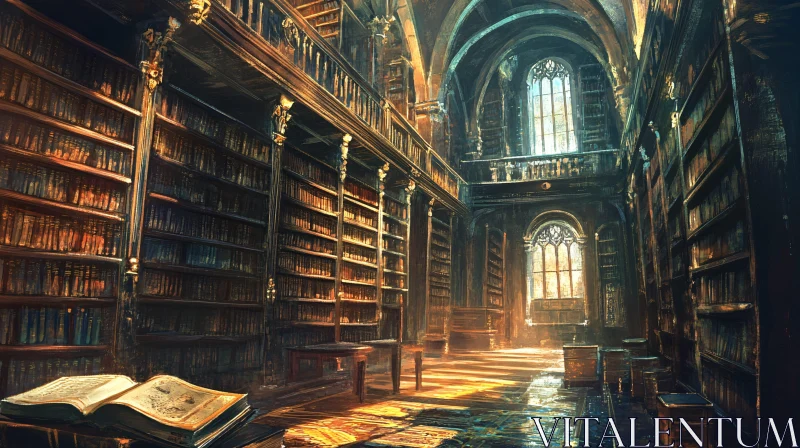 AI ART Vintage Library with Sunlight and Open Book