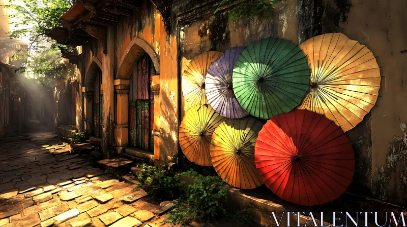 AI ART Serene Alley with Colorful Umbrellas