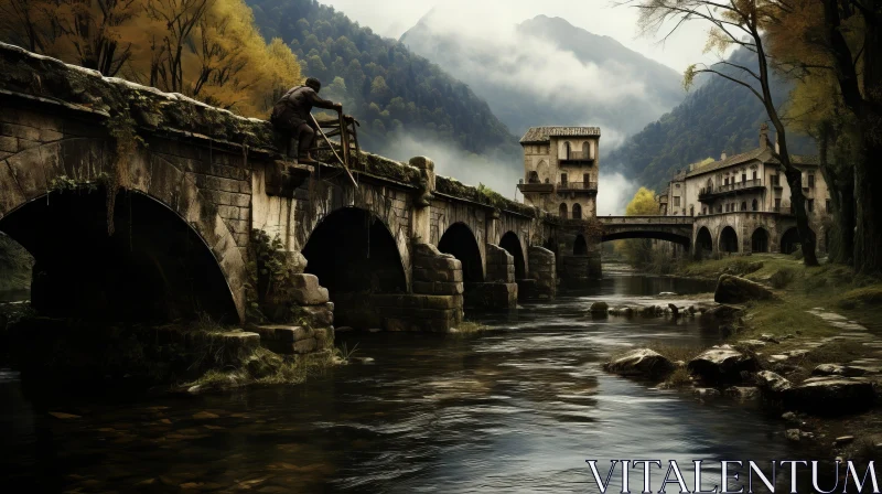 Ancient Stone Bridge in Mountainous Countryside - A Captivating Scene AI Image