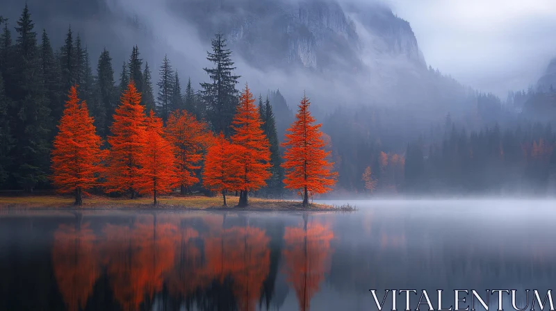 AI ART Misty Forest Scene With Striking Red Trees and Lake