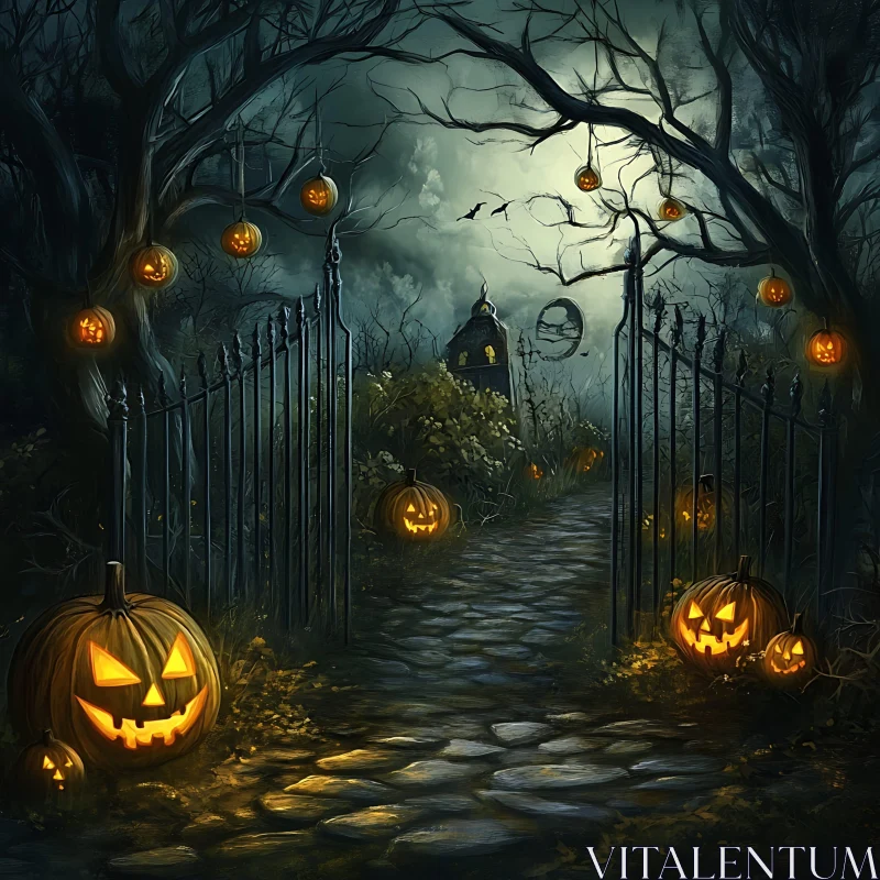 AI ART Spooky Halloween Scene with Glowing Pumpkins