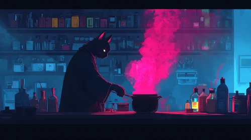 Feline Alchemist in a Neon Laboratory