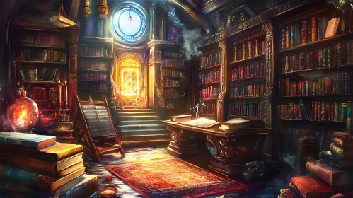 Vintage Library with Books and Glowing Doorway