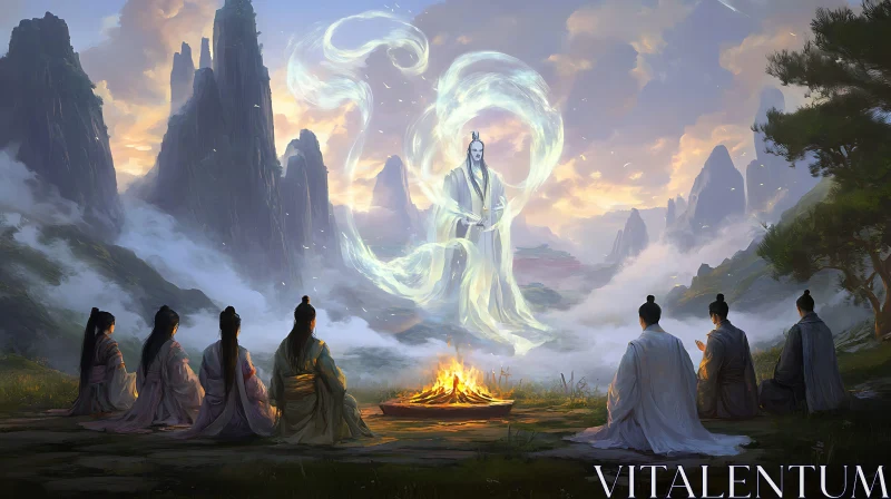 Serene Ritual in the Misty Mountains AI Image