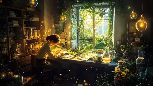 Woman studying plants in sunlit room