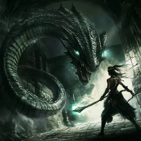 Epic Battle: Warrior vs. Dragon in Ancient Ruins