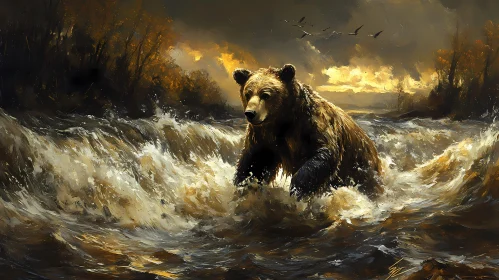 Bear in River during Sunset