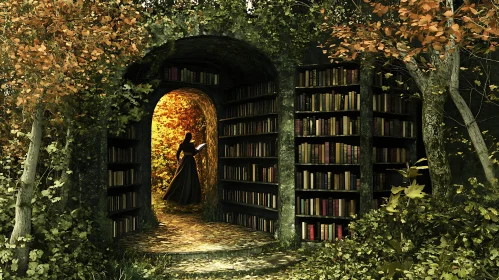 Woman Reading in Magical Forest Library