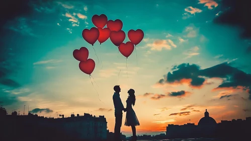 Couple with Balloons at Sunset